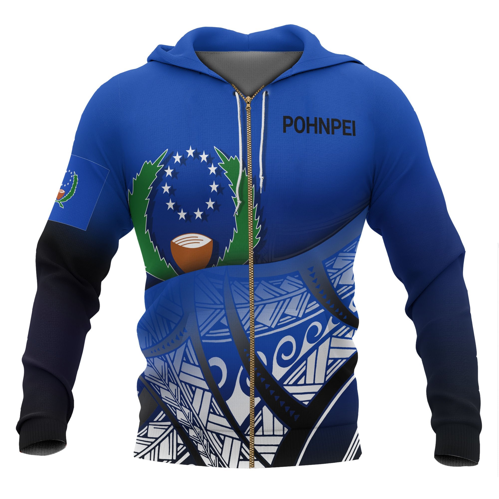 Pohnpei Coat of Arms Zip up Hoodie Polynesian Pattern Unisex Blue - Polynesian Pride