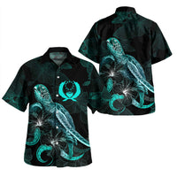 Pohnpei Matching Dress and Hawaiian Shirt Pohnpei Coat Of Arms with with Turtle and Blooming Hibiscus Turquoise - Polynesian Pride