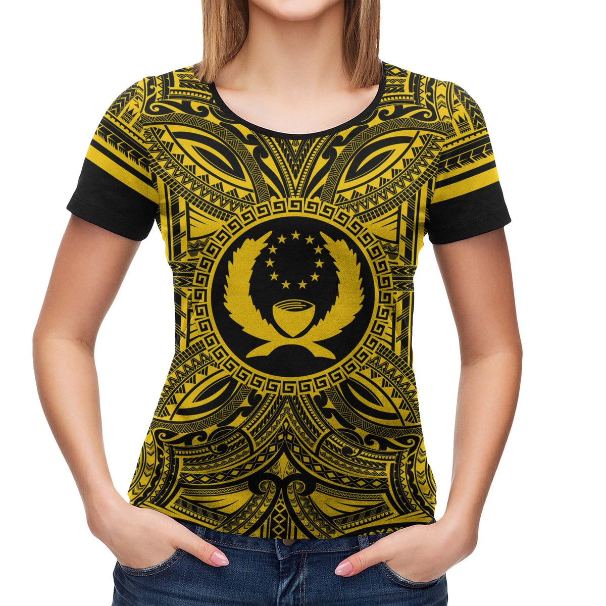 Pohnpei All T Shirt Pohnpei Coat Of Arms Polynesian Gold Black - Polynesian Pride