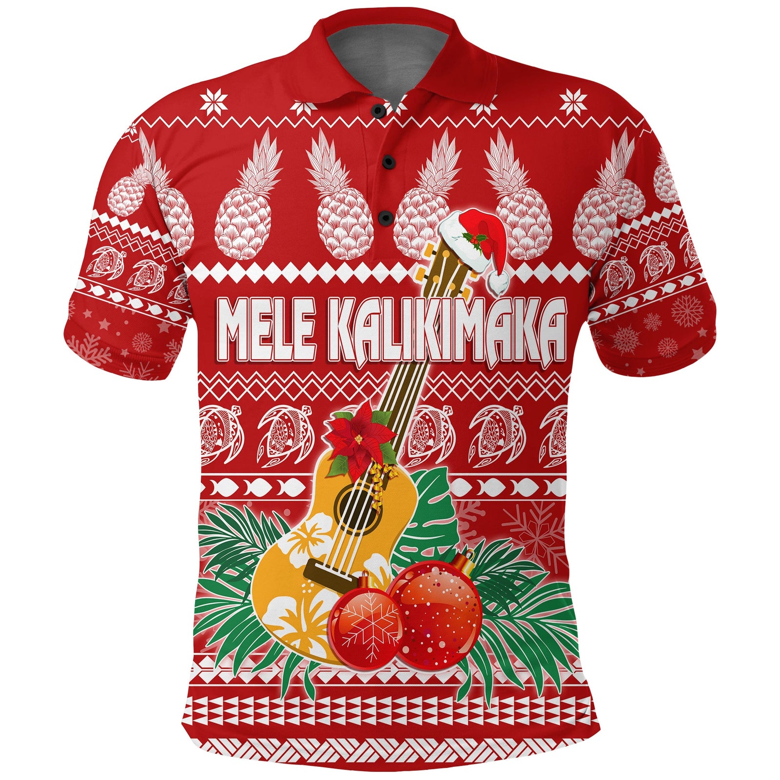Hawaii Christmas Polo Shirt Mele Kalikimaka Ukulele LT7 Red - Polynesian Pride