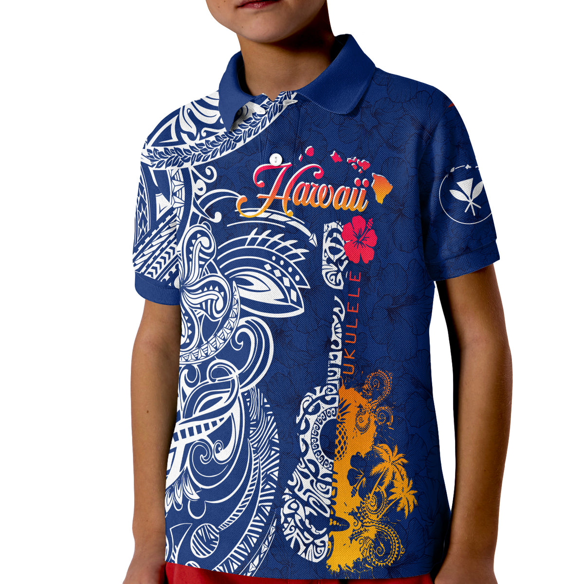 Hawaii Ukulele Unique Style KID Polo Shirt Hibiscus Pattern LT7 Unisex Blue - Polynesian Pride