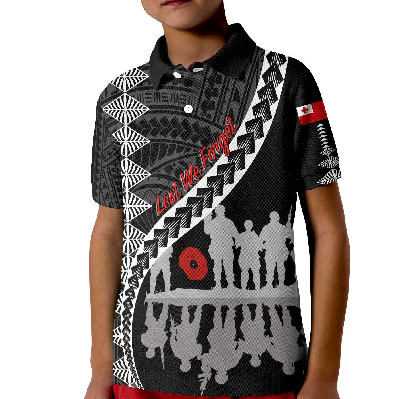 Tonga Anzac Day Black & White KID Polo Shirt Lest We Forget LT7 Unisex Black - Polynesian Pride