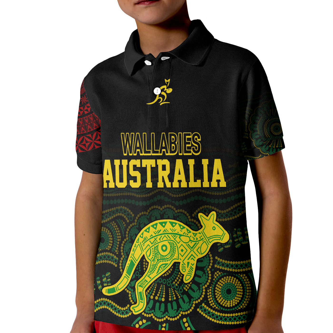 Personalised Aussie Wallabies Mix Mate Maa Tonga Polo Shirt KID Ver 02 LT7 Kid Black - Polynesian Pride