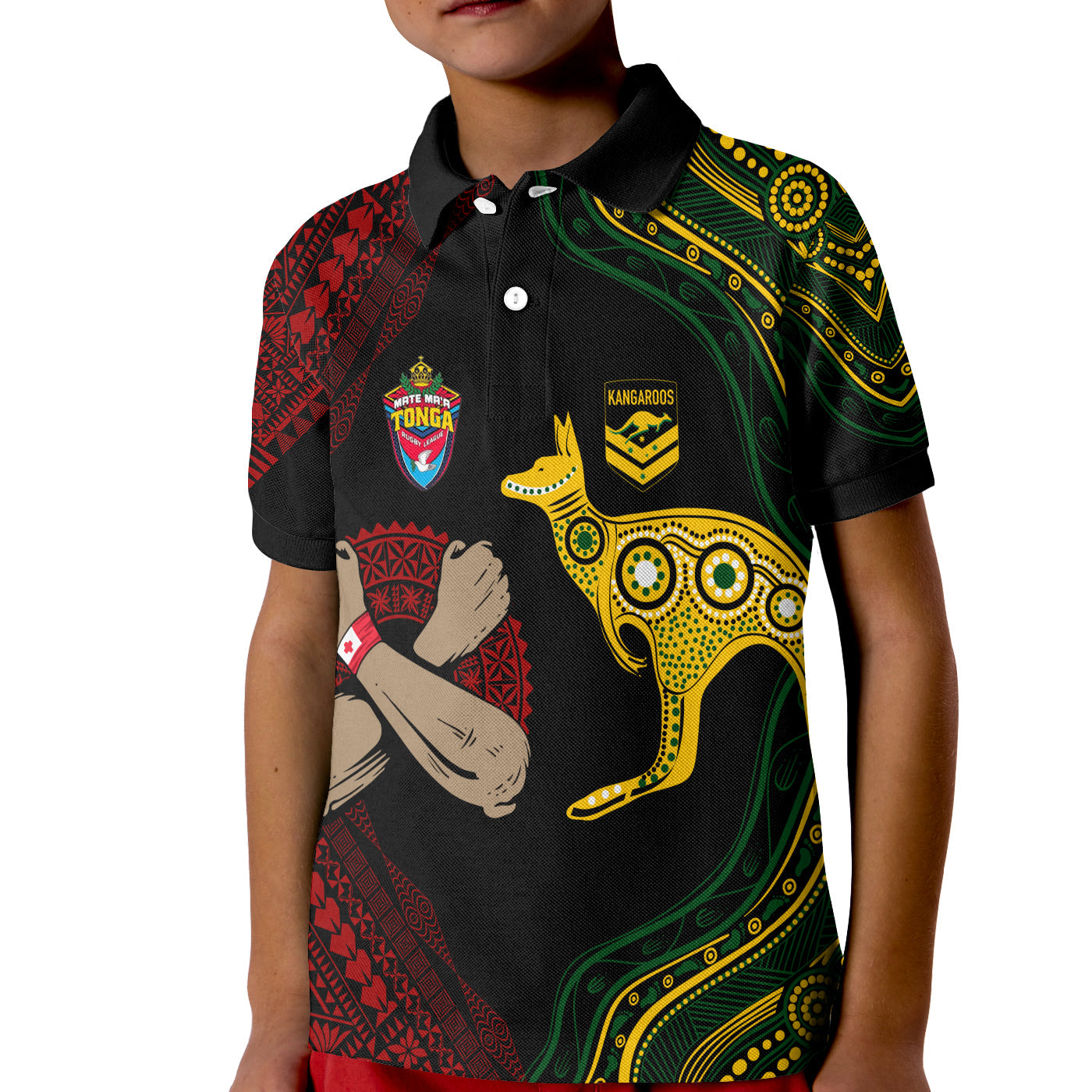 Personalised Aussie Kangaroos Mix Mate Maa Tonga Polo Shirt KID Aboriginal with Kupesi LT7 Kid Black - Polynesian Pride