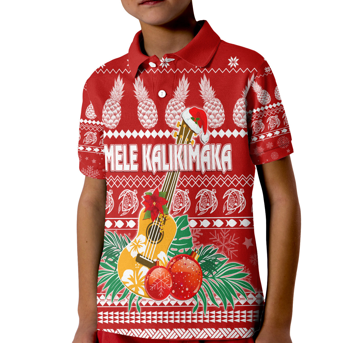 Hawaii Christmas Polo Shirt KID Mele Kalikimaka - Ukulele LT7 Kid Red - Polynesian Pride