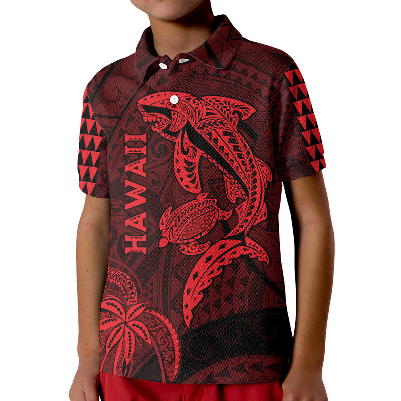 Hawaii Polo Shirt Shark and Turtle Mix Kakau Red LT9 - Polynesian Pride