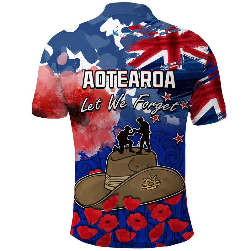 New Zealand ANZAC Day Polo Shirt Grunge Aotearoa Flag and Red Poppy LT9 - Polynesian Pride