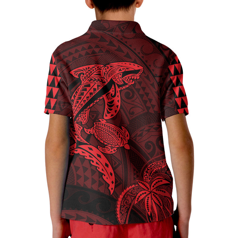 Hawaii Polo Shirt Shark and Turtle Mix Kakau Red LT9 - Polynesian Pride