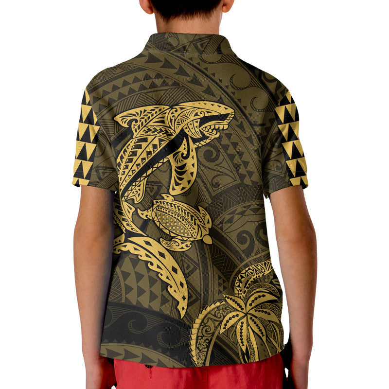 Hawaii Polo Shirt Shark and Turtle Mix Kakau Gold LT9 - Polynesian Pride