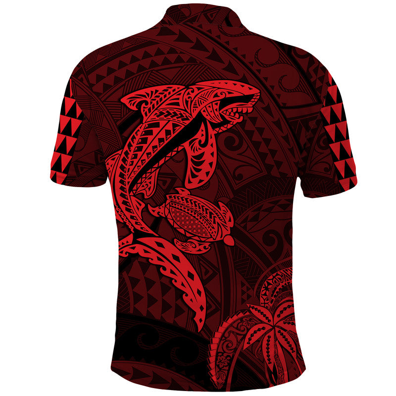 Hawaii Polo Shirt Shark and Turtle Mix Kakau Red LT9 - Polynesian Pride