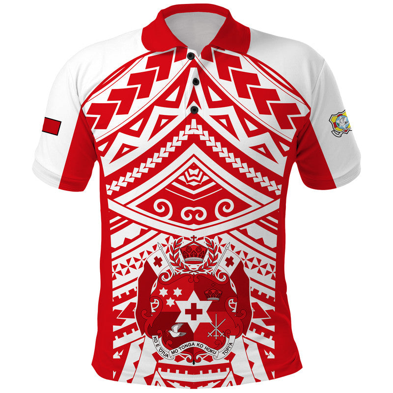 (Custom Text and Number) Tonga Rugby Sevens Polo Shirt Coat of Arms Tribal Polynesian Pattern LT9 Red - Polynesian Pride