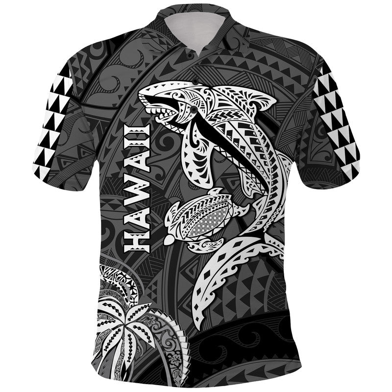 Hawaii Polo Shirt Shark and Turtle Mix Kakau LT9 Black - Polynesian Pride