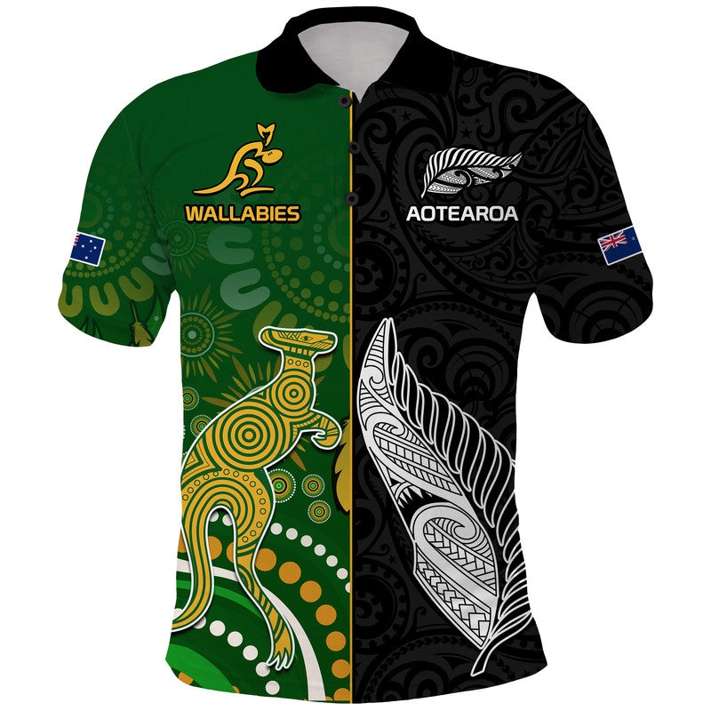 Custom Aotearoa Rugby All Black Combine Australia Wallabies Polo Shirt Aboriginal Kangaroo and Maori Fern LT9 Black - Polynesian Pride