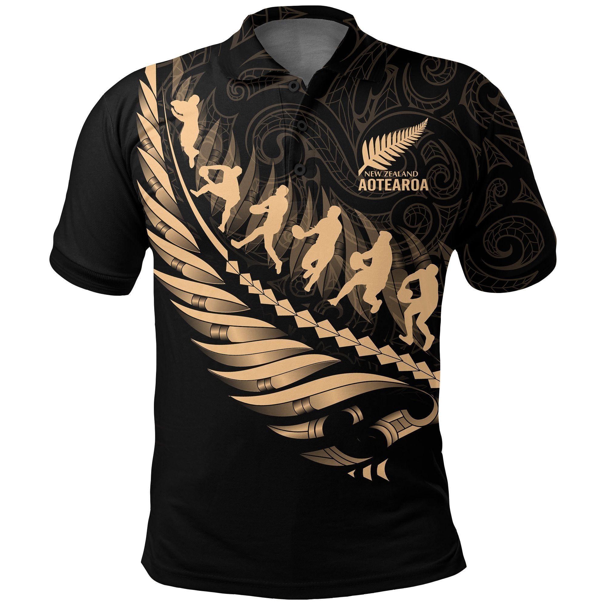 Aotearoa New Zealand Polo Shirt Maori Fern Rugby Black - Polynesian Pride