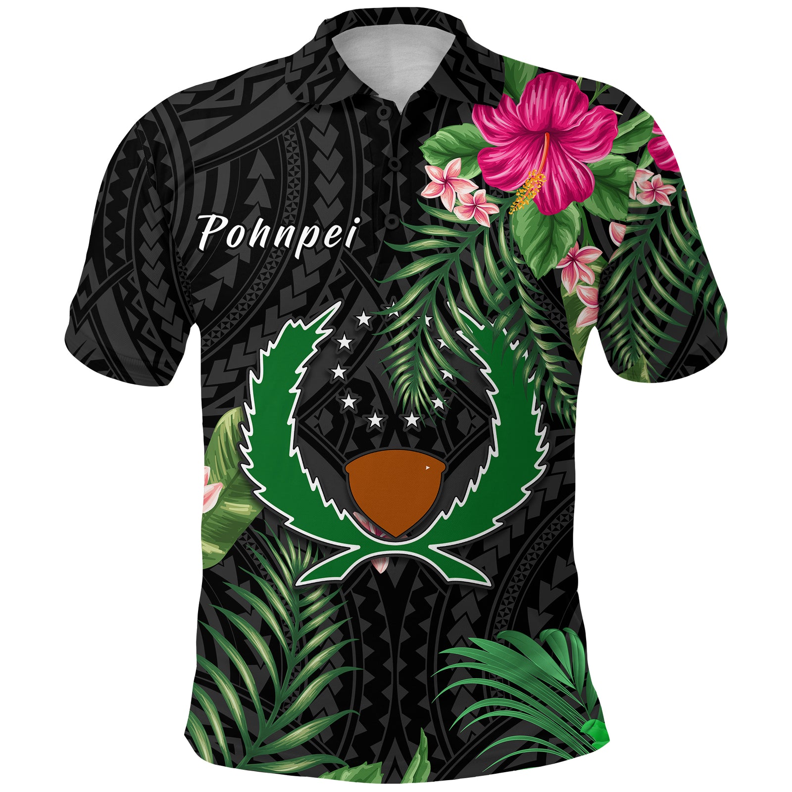 Pohnpei Micronesia Polo Shirt Tropical Flowers LT13 Unisex Black - Polynesian Pride