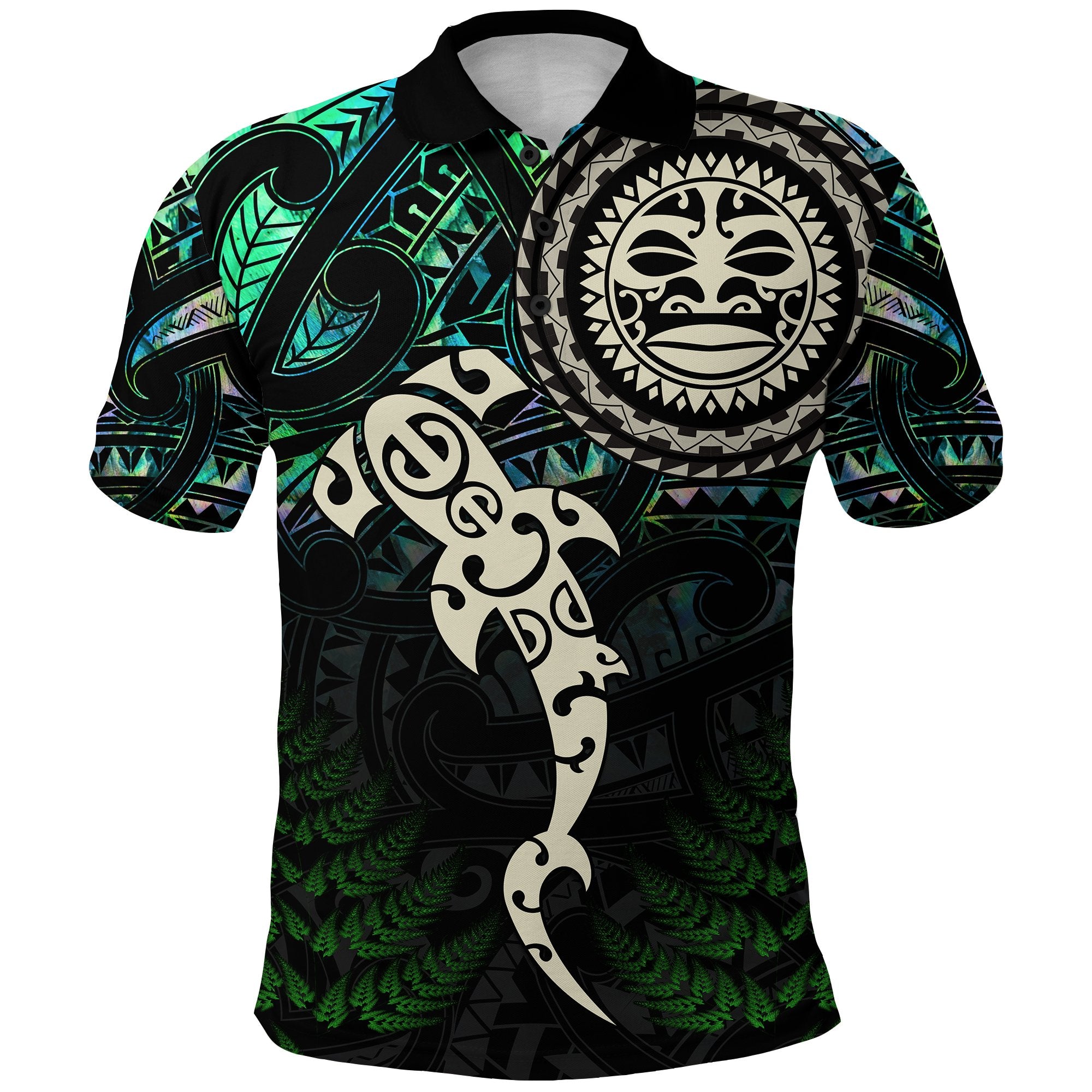 Aotearoa Paua Shell Polo Shirt Maori Manaia and Fish LT13 Unisex Black - Polynesian Pride