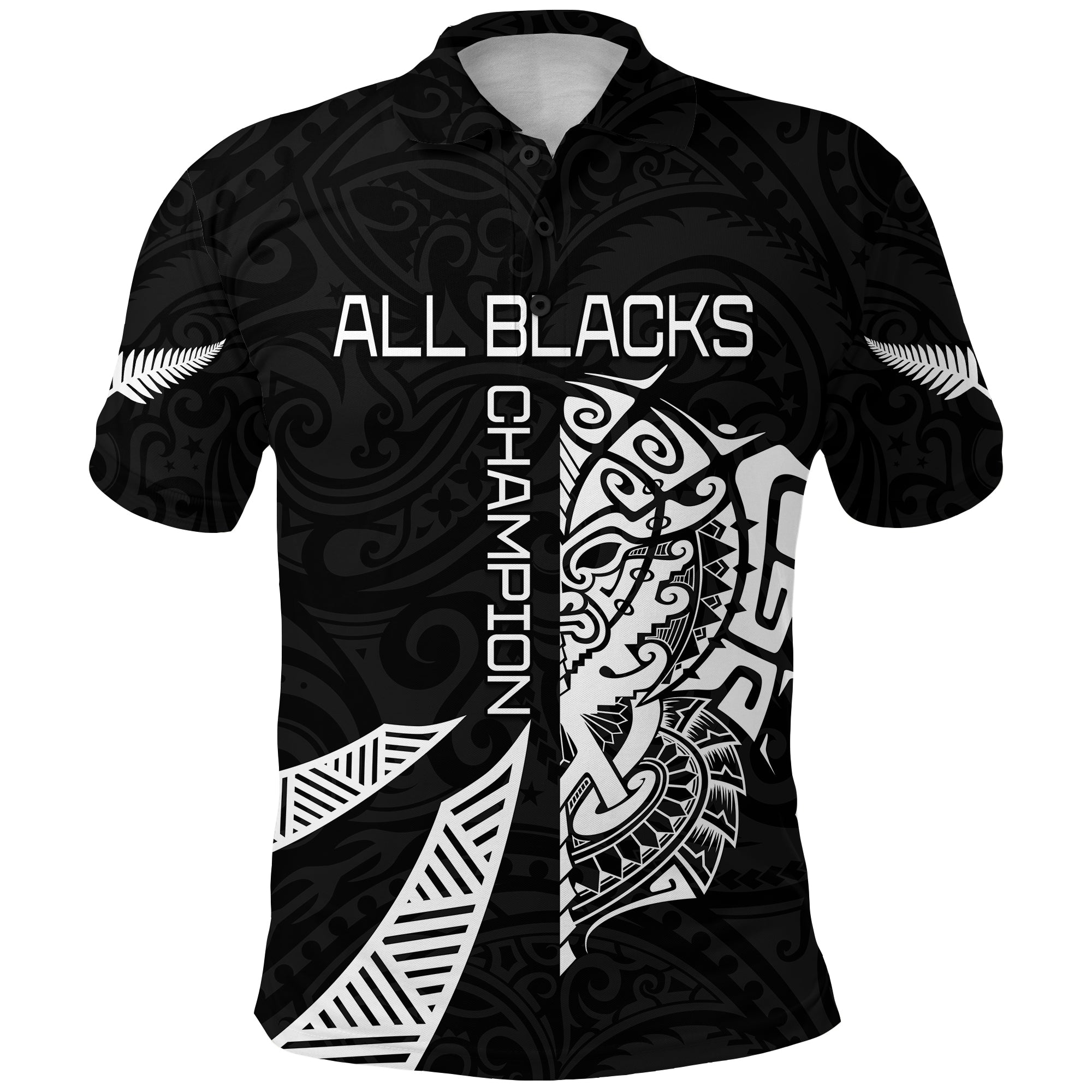 New Zealand Rugby Polo Shirt Haka All Black mix Ta Moko LT13 Black - Polynesian Pride