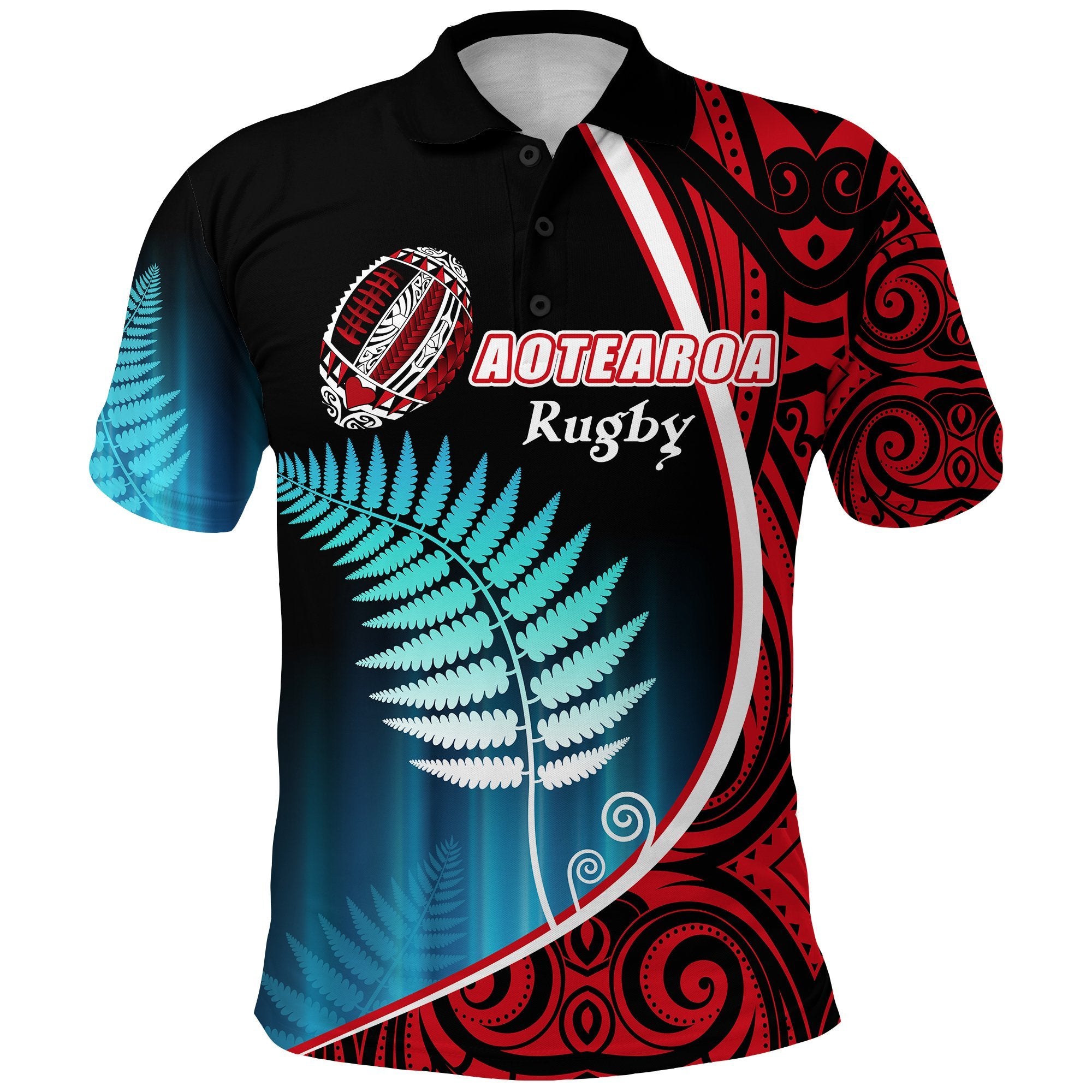 Aotearoa Rugby Black Maori Polo Shirt Kiwi and Silver Fern New Zealand Unisex Black - Polynesian Pride