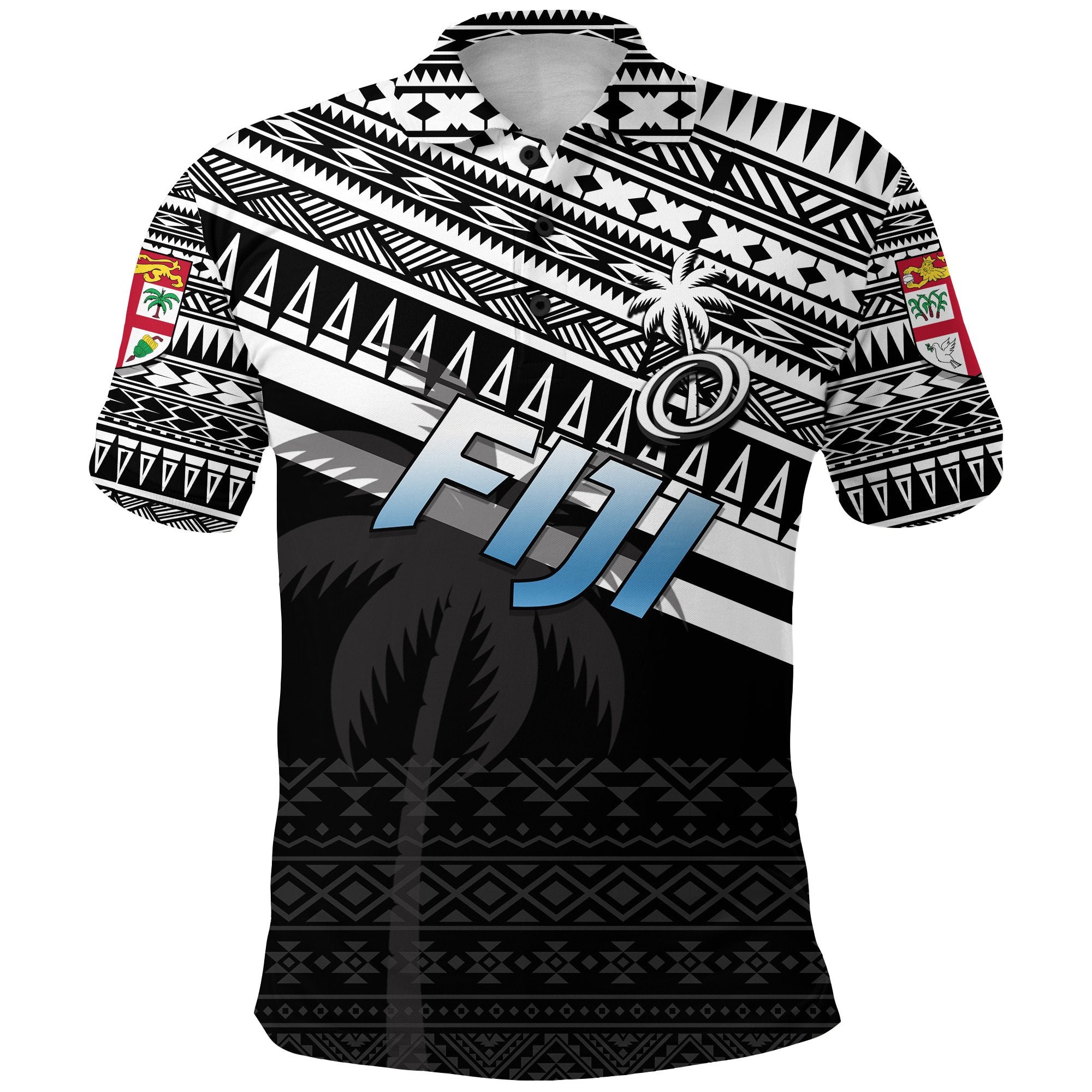 Fiji Rugby Polo Shirt Coconut Tree Version Unisex White Black - Polynesian Pride