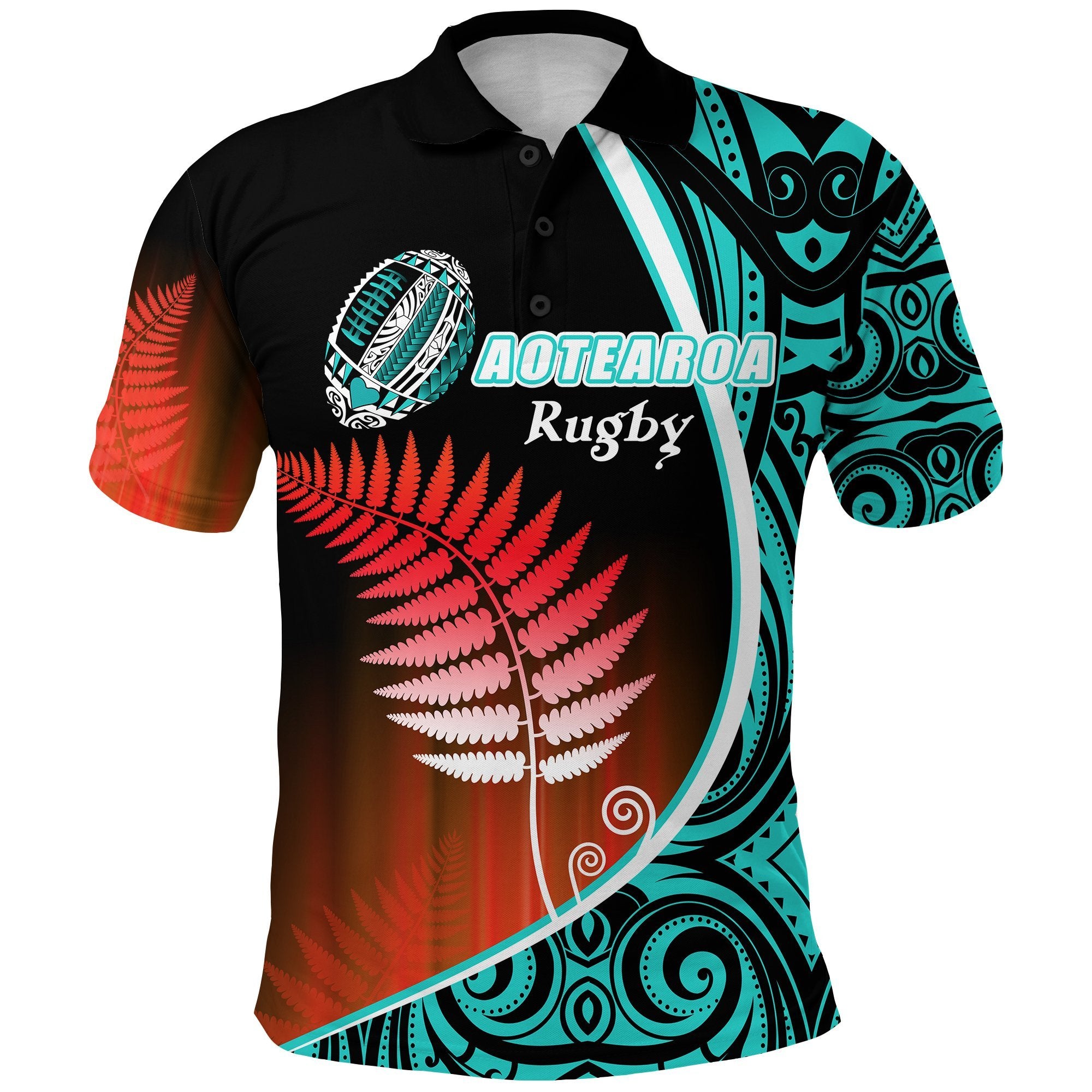 Aotearoa Rugby Black Maori Polo Shirt Kiwi and Silver Fern New Zealand Blue Unisex Blue - Polynesian Pride