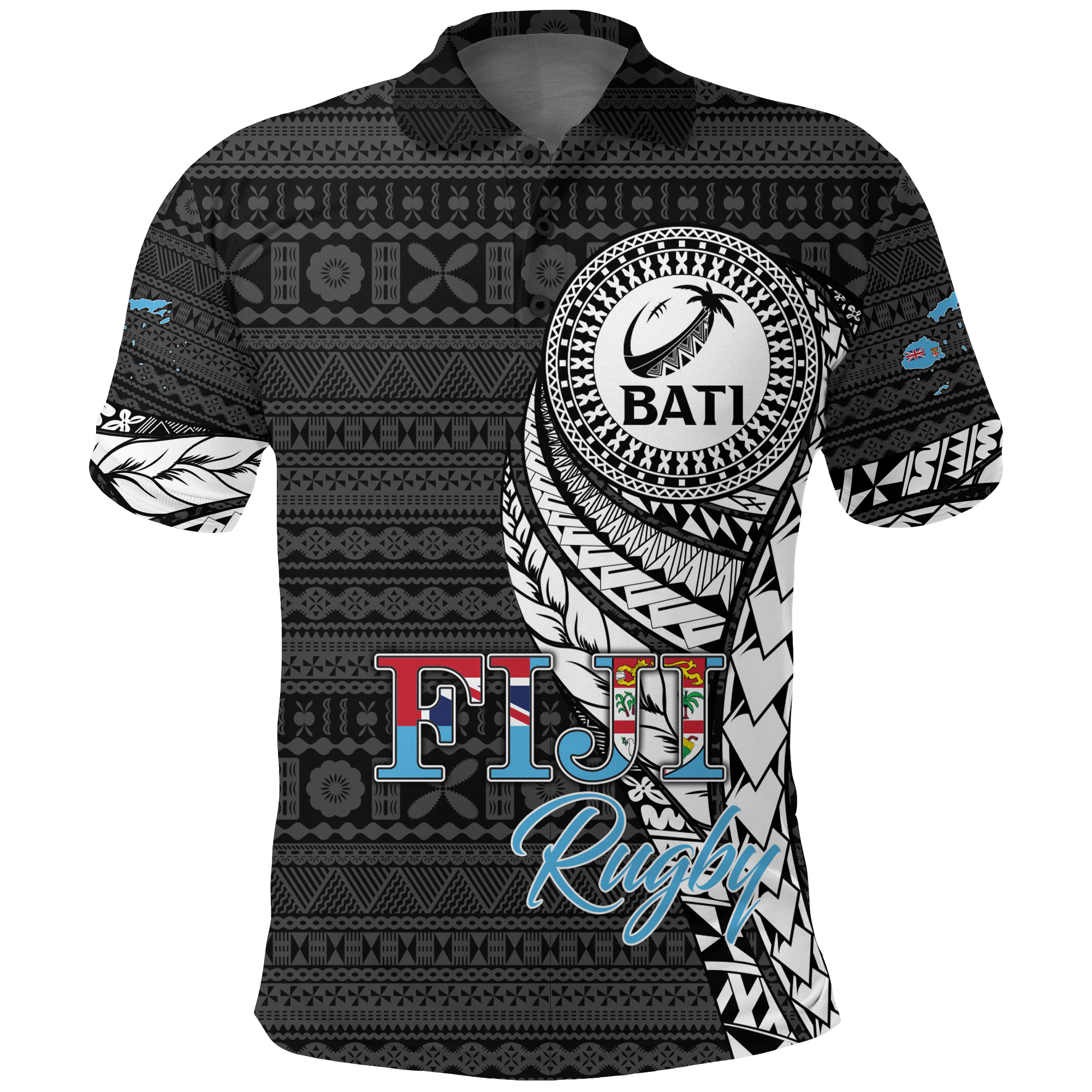 Fiji Rugby Bati Tapa Pattern Polo Shirt LT2 BLACK - Polynesian Pride
