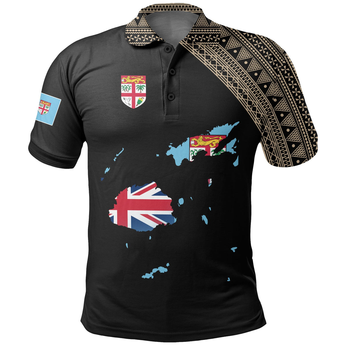 Fiji Polo Shirt Viti Flag Map Style Black 03 A5 Unisex Black - Polynesian Pride