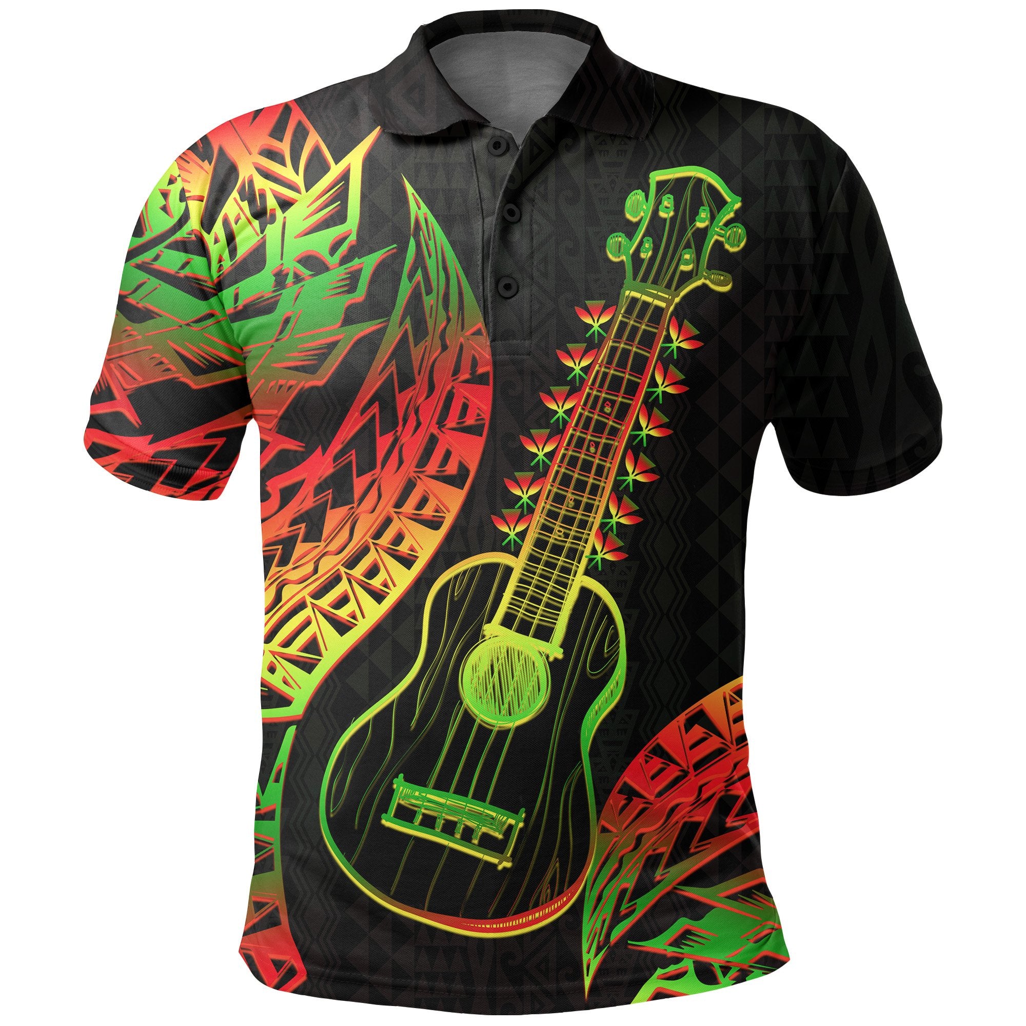 Polynesian Hawaii Polo Shirt Ukulele Unisex Black - Polynesian Pride