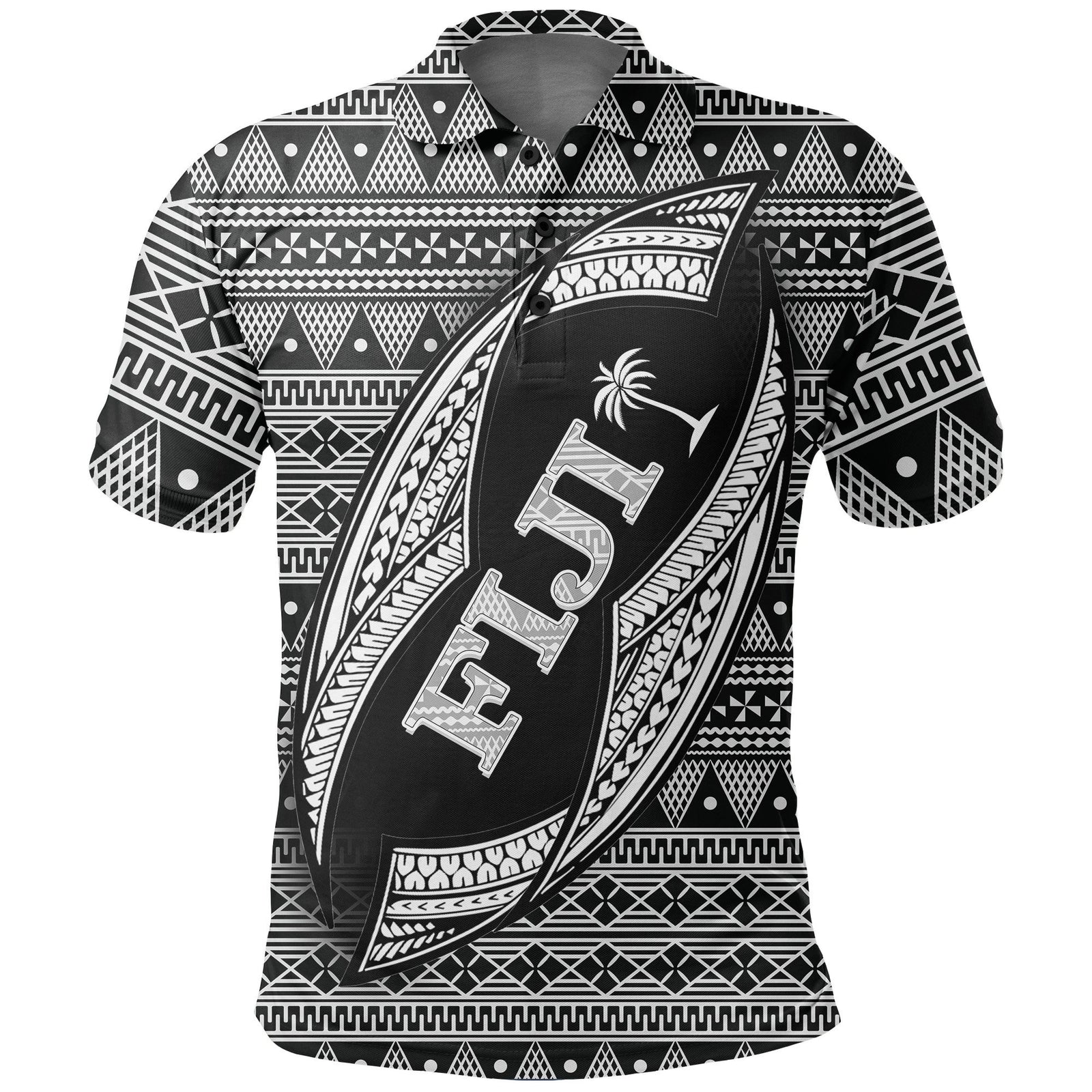 Fiji Polynesian Polo Shirt Tapa Pattern Rugby Ball Unisex Black - Polynesian Pride