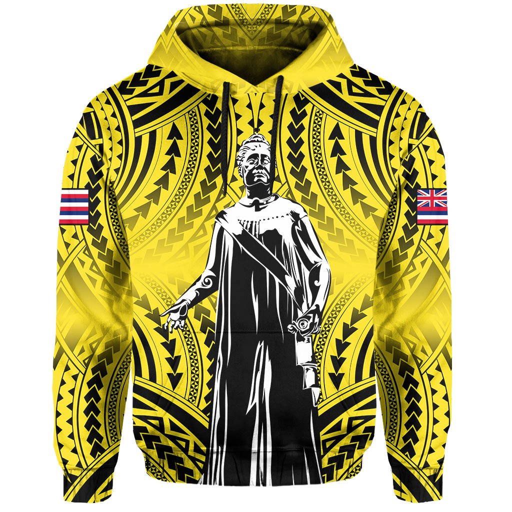 Polynesian Queen Liliuokalani Flag of Hawaii Hoodie Yellow Background - Polynesian Pride