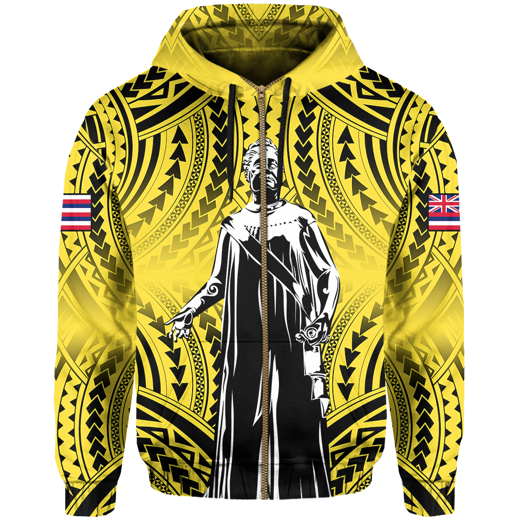 Polynesian Queen Liliuokalani Flag of Hawaii Zip Hoodie Yellow Background AH - Polynesian Pride
