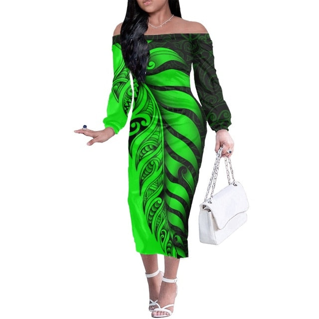 Polynesian Pride Silver Fern New Zealand Tribal Pattern Women Off Shoulder Long Sleeve Green Color Women Green - Polynesian Pride