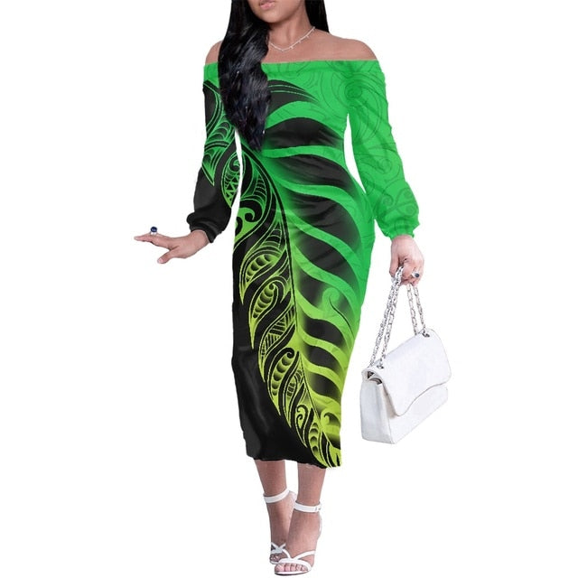 Polynesian Pride Fern New Zealand Women Off Shoulder Long Sleeve Green Color Women Green - Polynesian Pride
