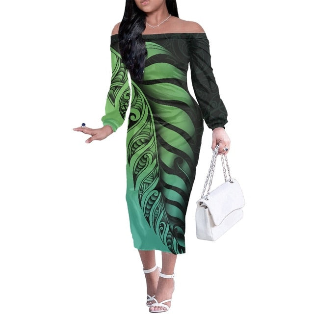 Polynesian Pride Silver Fern New Zealand Polyensian Tribal Women Off Shoulder Long Sleeve Green Color Women Green - Polynesian Pride