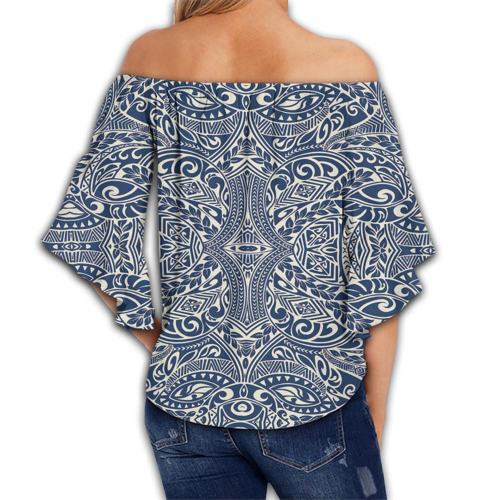 Polynesian Culture Blue White Hawaii Women's Off Shoulder Wrap Waist Top - Polynesian Pride