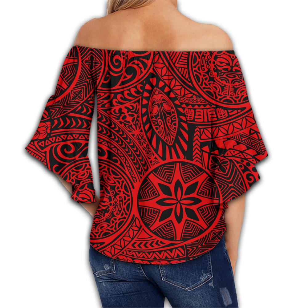 Polynesian Hawaiian Style Tribal Tattoo Red Hawaii Women's Off Shoulder Wrap Waist Top - Polynesian Pride