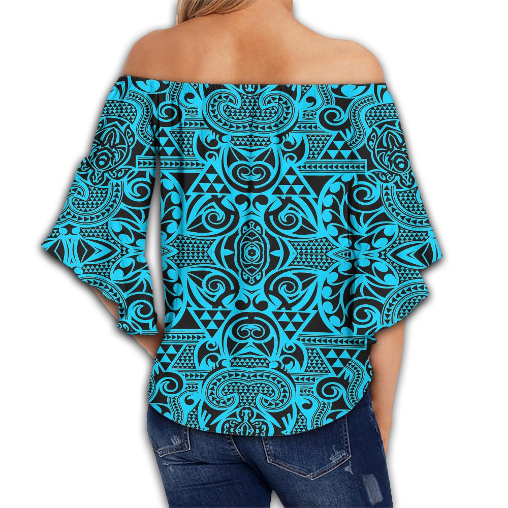 Polynesian Kakau Turtle Blue Hawaii Women's Off Shoulder Wrap Waist Top - Polynesian Pride