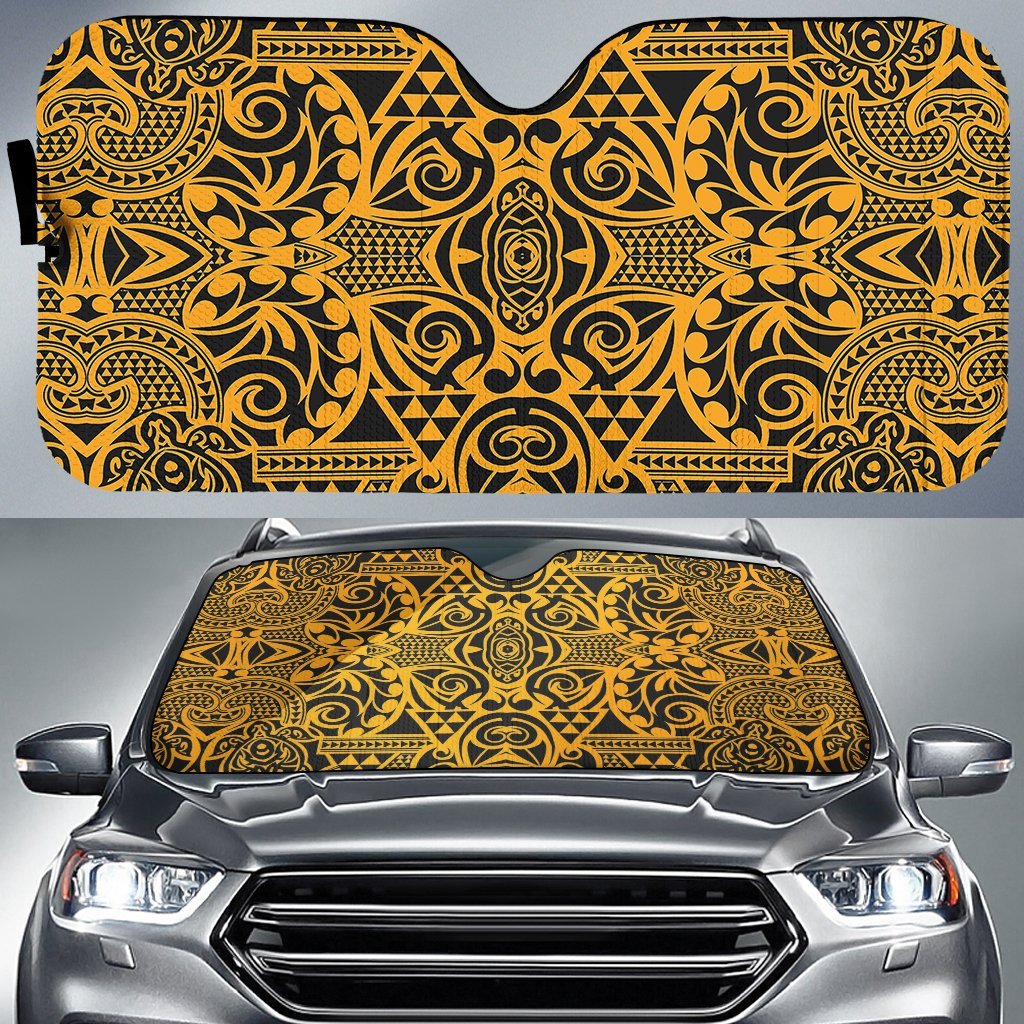 Polynesian Kakau Turtle Car Sun Shade Auto Sun Shade Universal Fit Black Yellow - Polynesian Pride