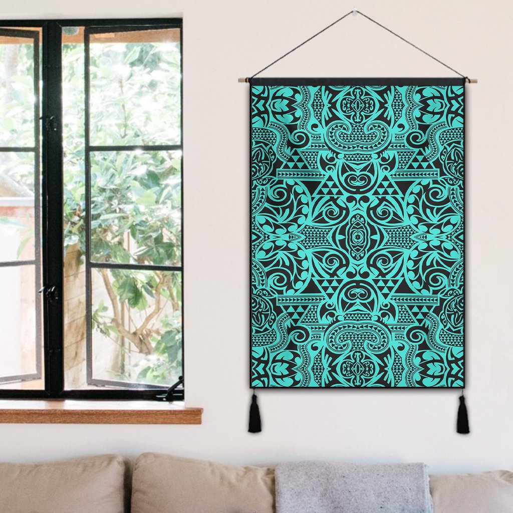 Polynesian Kakau Turtle Turquoise Hanging Poster - AH Hanging Poster 50 x 75 cm Cotton And Linen - Polynesian Pride