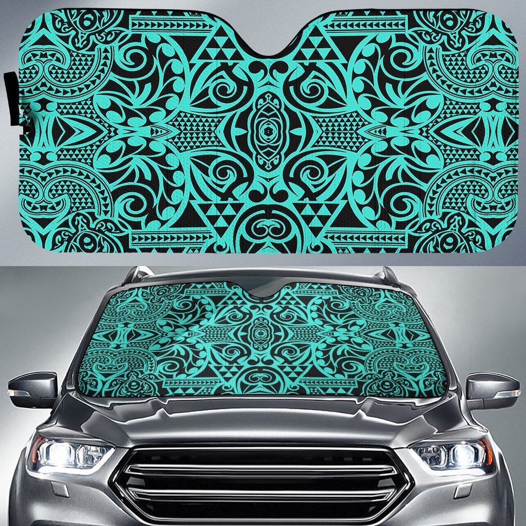 Polynesian Kakau Turtle Car Sun Shade Auto Sun Shade Universal Fit Turquoise - Polynesian Pride