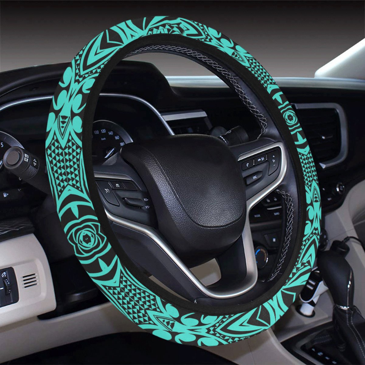 Polynesian Kakau Turtle Turquoise Hawaii Steering Wheel Cover with Elastic Edge - Polynesian Pride