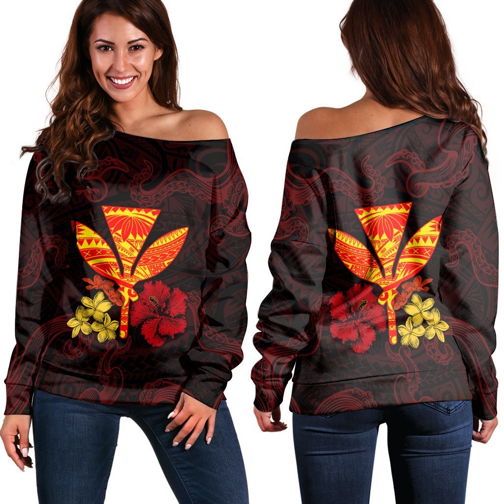 Polynesian Kanaka Maoli Flower Women's Off Shoulder Sweater AH Black - Polynesian Pride
