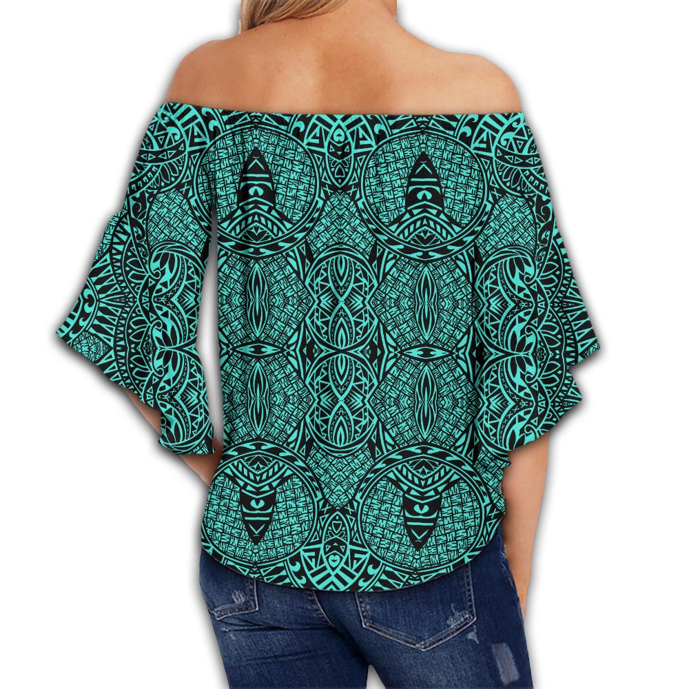 Polynesian Lauhala Mix Turquoise Hawaii Women's Off Shoulder Wrap Waist Top - Polynesian Pride