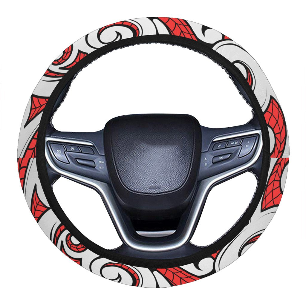 Polynesian Maori Ethnic Ornament Red Hawaii Steering Wheel Cover with Elastic Edge One Size Red Steering Wheel Cover - Polynesian Pride
