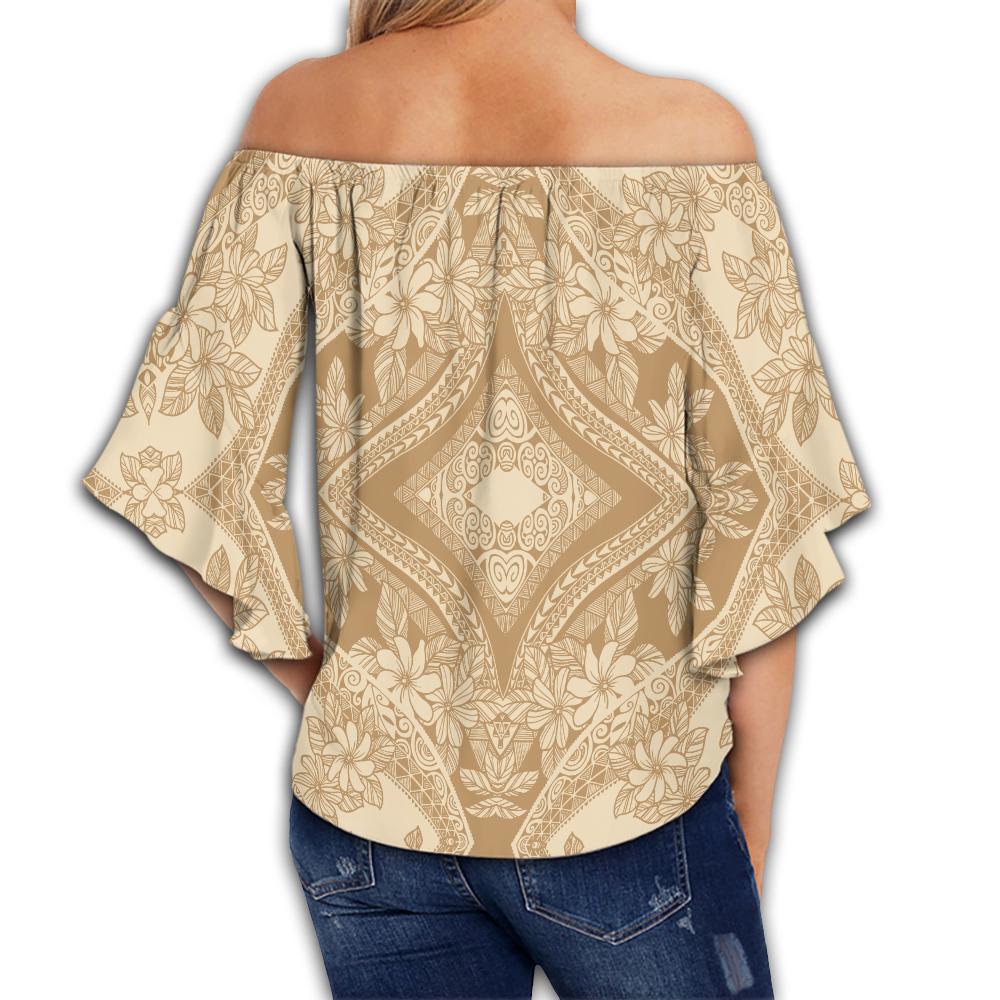 Polynesian Plumeria Mix Gold Hawaii Women's Off Shoulder Wrap Waist Top - Polynesian Pride