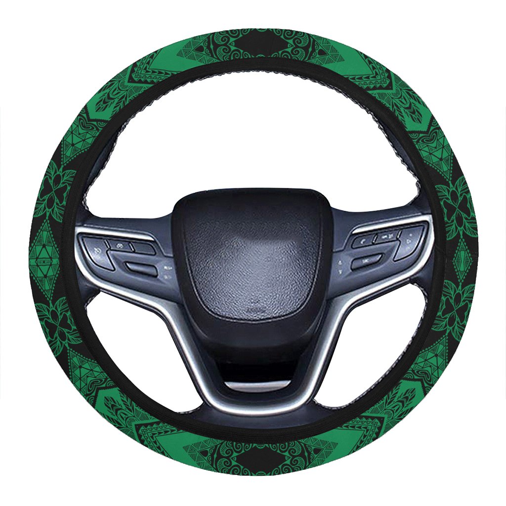 Polynesian Plumeria Mix Green Black Hawaii Steering Wheel Cover with Elastic Edge One Size Green Steering Wheel Cover - Polynesian Pride