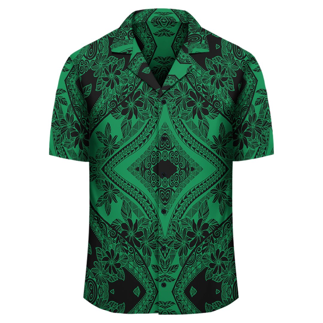 Polynesian Plumeria Mix Green Black Hawaiian Shirt - Polynesian Pride