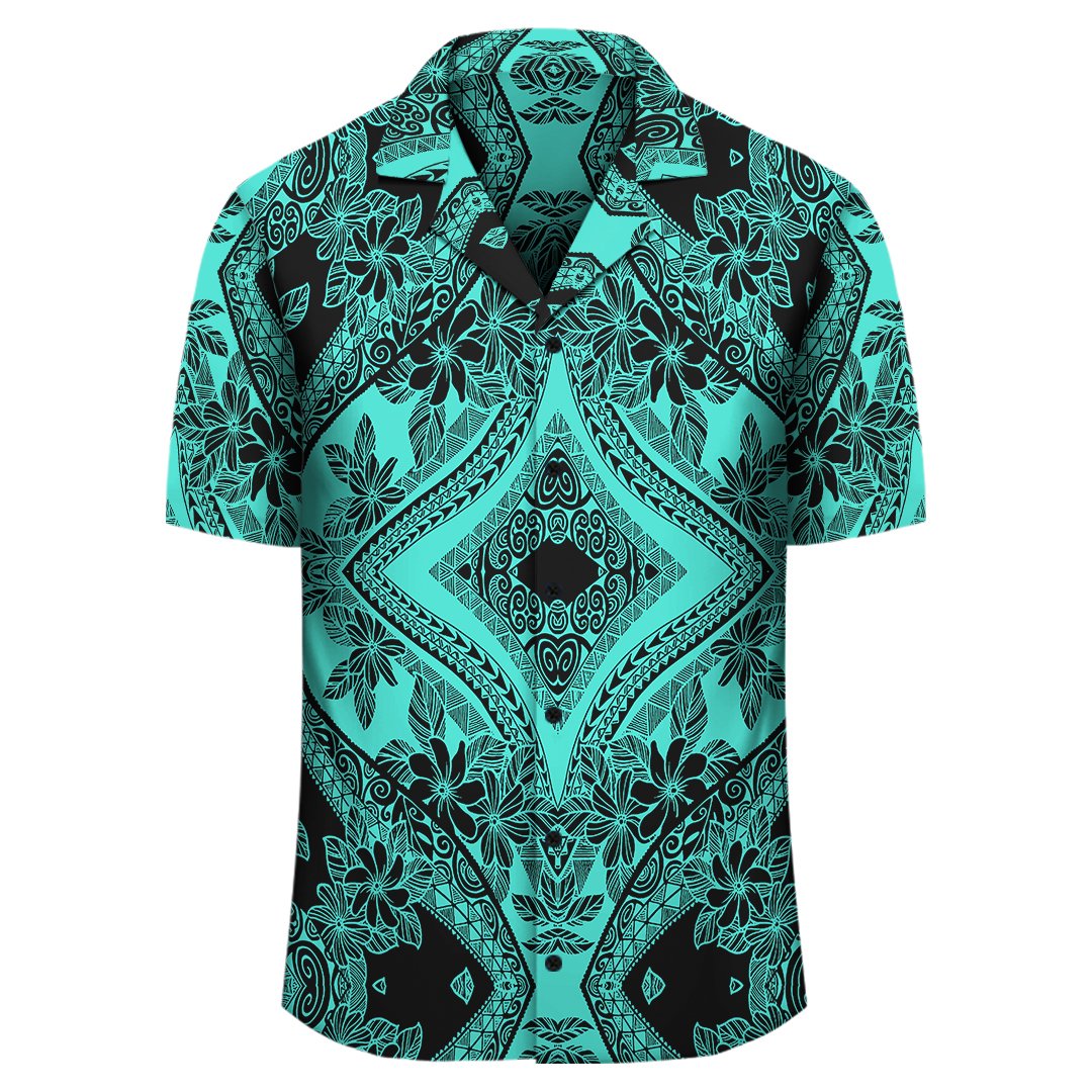 Polynesian Plumeria Mix Turquoise Black Hawaiian Shirt - Polynesian Pride