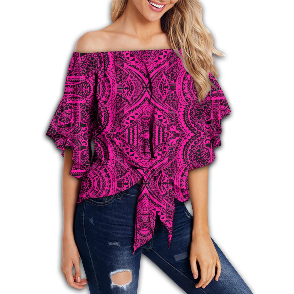 Polynesian Symmetry Pink Hawaii Women's Off Shoulder Wrap Waist Top Pink Female - Polynesian Pride