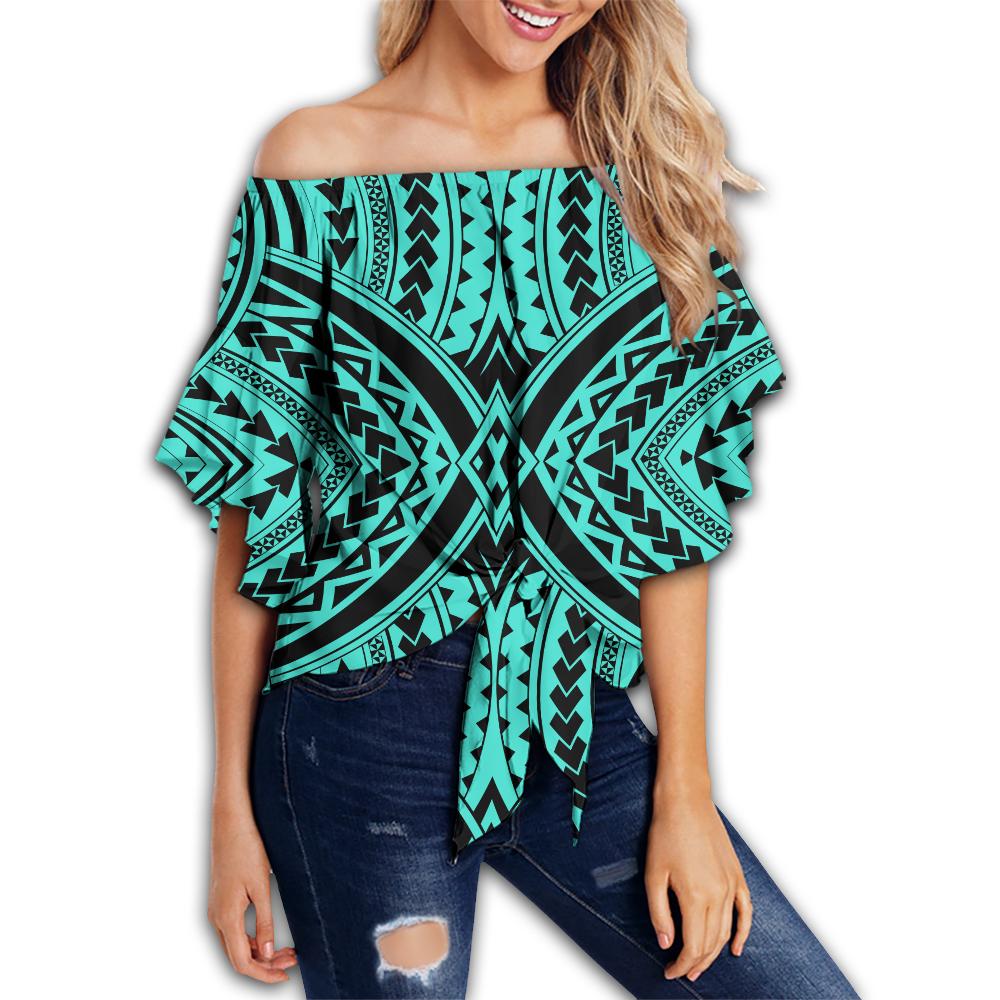 Polynesian Tradition Turquoise Hawaii Women's Off Shoulder Wrap Waist Top Turquoise Female - Polynesian Pride