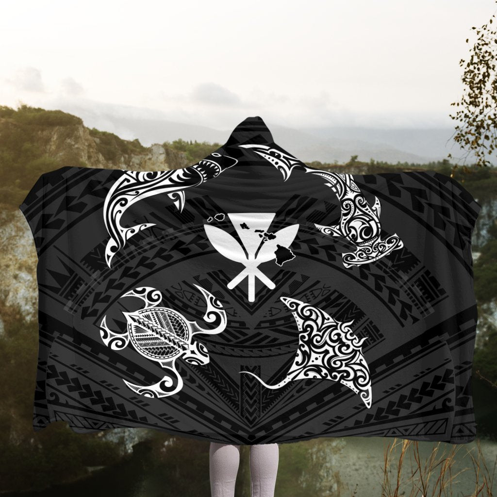 Polynesian Turtle Hammerhead Shark Ray Kanaka Hawaii Hooded Blanket Circle - AH - Polynesian Pride